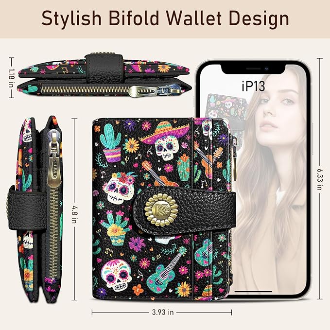 Kelvoris Skull Small Rfid Women Wallet Bifold Zipper Coin Pocket PU Leather Compact Cash Credit Card Holder Travel Wallet for Female Ladies Teen Girls 1 ID Window 10 Card Slots Day of The Dead