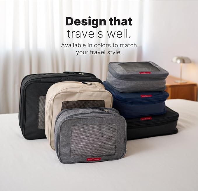 LeanTravel Premium Compression Packing Cubes for Travel - Suitcase Organizer Bags with Double Zipper & Breathable Mesh Panel - Space Saving Carry On Luggage Essentials (6-Pack, Sand)