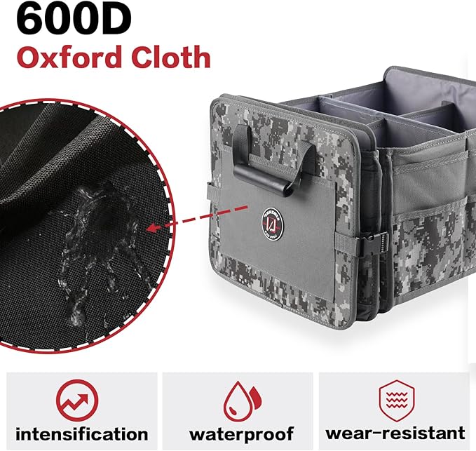 LIBZAKI Car Trunk Organizer,3 Compartments Big Trunk Storage, Large Capacity, Foldable, 95L Heavy Duty Storage Box for Car, SUV, Truck,Jeep, Includes 26L Cooler Bag -Gray Camouflage