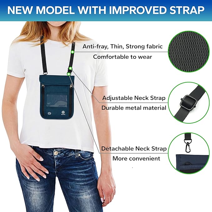 Travel Neck Wallet – Travel pouch and RFID Blocking Passport Holder for Women and Men - Slim Travel Wallet to Keep Your Cash, Passport, Credit Cards Safe. (Navy)