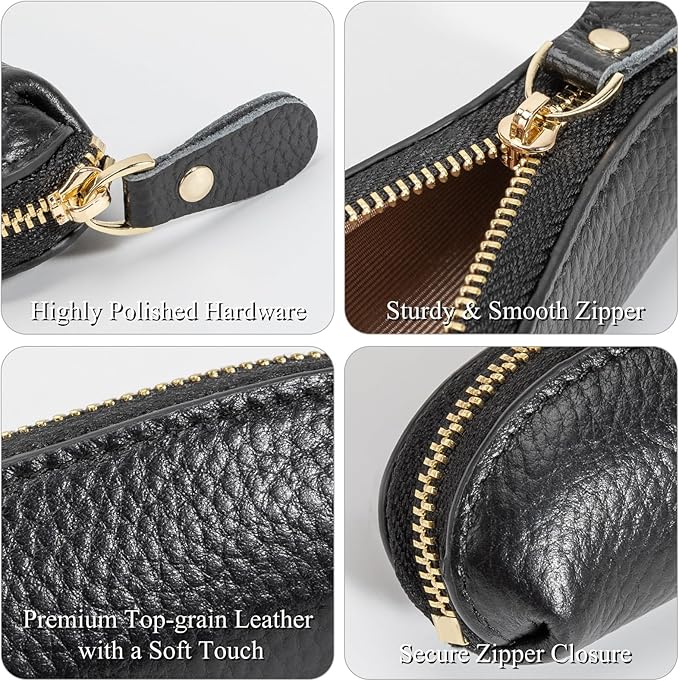 Full Grain Leather Coin Pouch - Travel Small Coin Purse with Zipper - Mini Key Pouch Change Purse for Women and Men (Black)