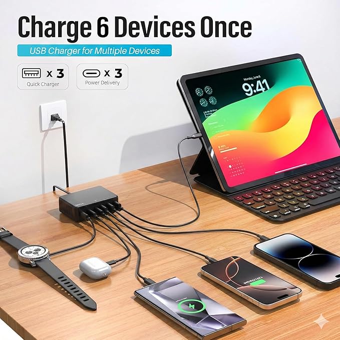 TT&C 100W USB-C Charging Station, 6-Port GaN III Desktop Hub (30W Max Per Port), Compatible with iPhone 17, 16, 15, iPad, MacBook Air & Samsung Galaxy - Black