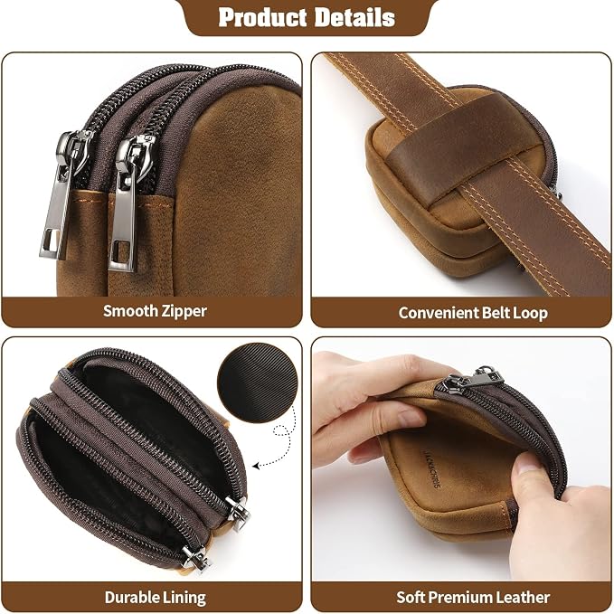 Jack&Chris Coin Purse for Men, Genuine Leather Mini Coin Wallet Zipper Pocket with Back Belt Loop, Coin Bag for Men and Women
