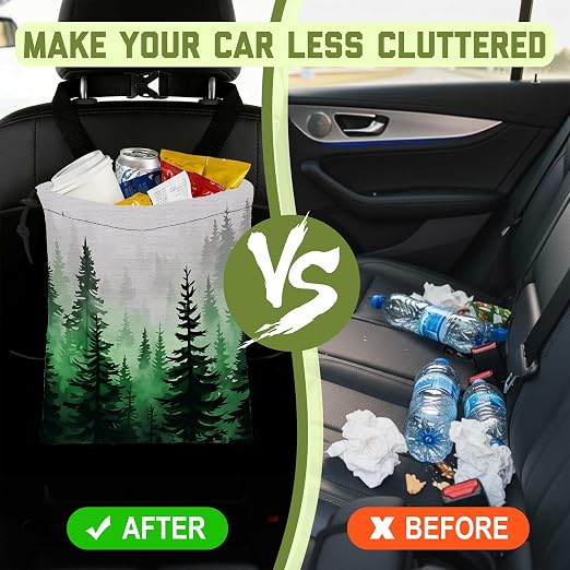 Car Trash Bag Misty Green Pine Forest Leak-Proof Waterproof Car Garbage Bag with Drawstring Foldable Canvas Trash Bin with Adjustable Buckle for Car Accessories