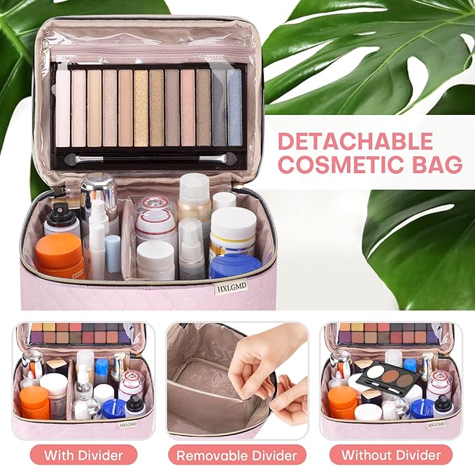HXLGMD Double Layer Travel Makeup Bag Women, Cosmetic Organizer Case, Travel Essentials Accessories with Shoulder Strap for Bottles, Brushes, Conditioner, Skin Care Products, Pink
