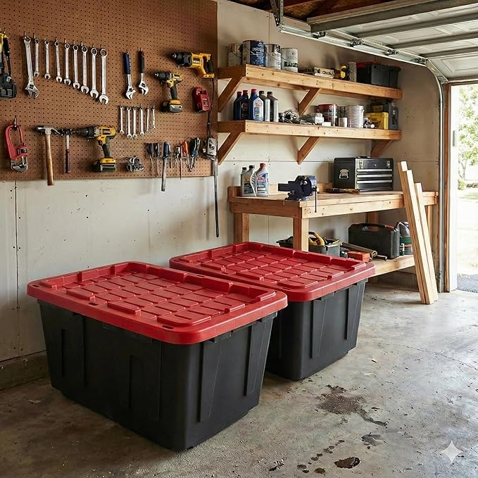 27 Gal Industrial Tote,2 Pack Plastic Storage Bins with Lids Tough Large Storage Bin,Black with Red Lid Plastic Storage,Stackable & Nestable for Garage, Basement, or Outdoor (2 Pack)