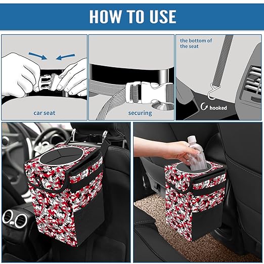Car Trash Can Red Black White Grey Camouflage Auto Garbage Bag Car Trash Can with Lid Leak-Proof Car Storage Bag Garbage Bag Hanging for Headrest Collapsible and Portable with Storage Mesh Pocket