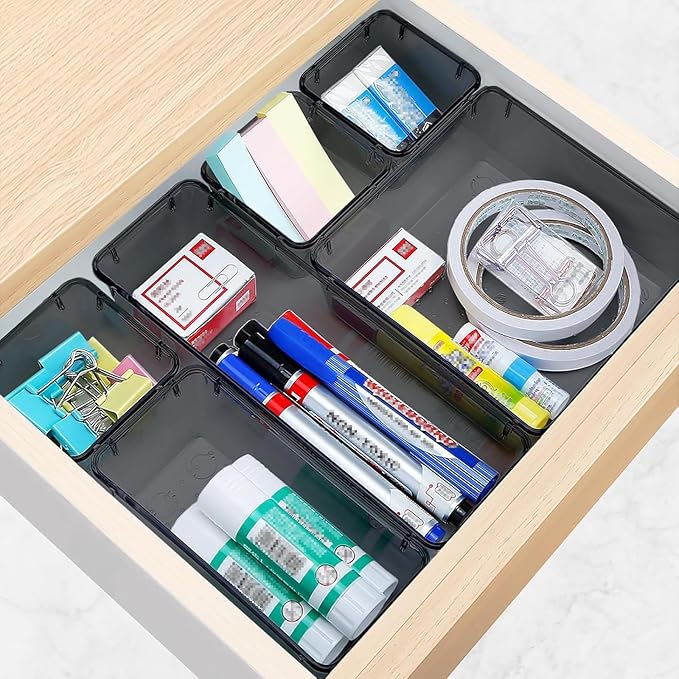 23 PCS Drawer Organizer Set, 5 Varied Size Bathroom and kitchen Drawer cabinet organizer Trays, Clear Storage Bins for Makeup, Jewelry, Utensils and Gadgets, Black
