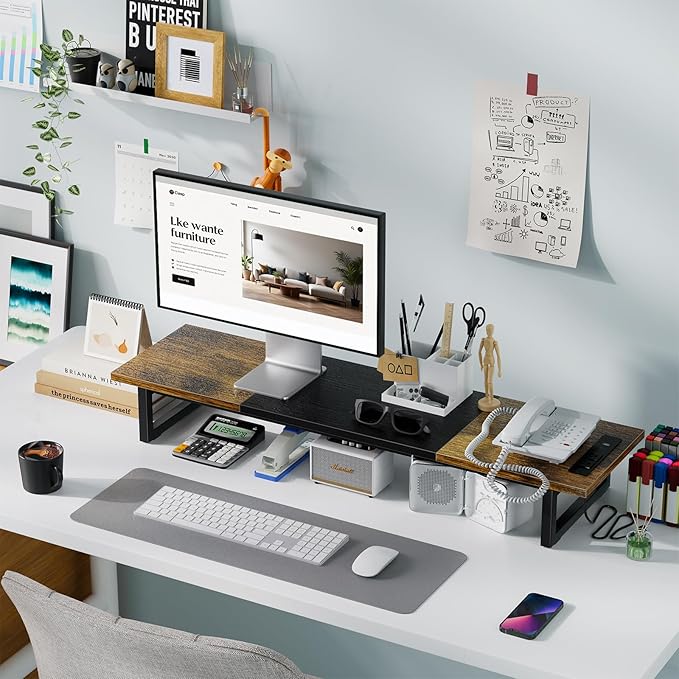 Simple Trending Dual Monitor Stand Riser with 2 USB Charging Ports, Desk Organizer With Drawer and 2 Pen Holders, Shelf for Top of Desk, iMac