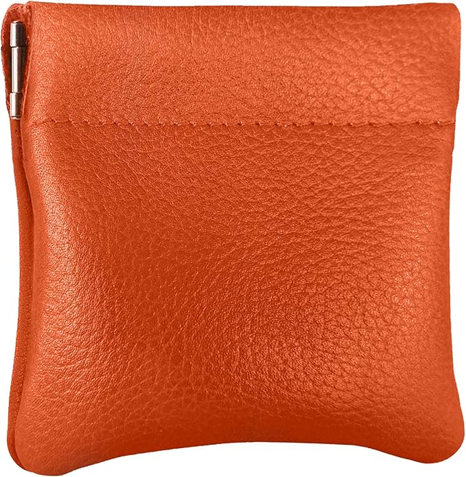 Nabob Leather Genuine Leather Squeeze Coin Purse, Coin Pouch Made IN U.S.A. Change Holder For Men/Woman Size 3.5 X 3.5 (Orange)