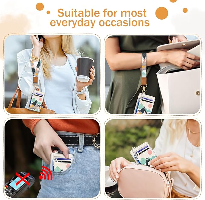 Yonlevres Sunrise Mountain Credit Card Holder Slim Wallet, RFID Wallet Women Front Pocket Wristlet Lanyard, Small Card Holder Travel Funny Cute Thin Card Case ID Window PU Leather Card Organizer Gifts