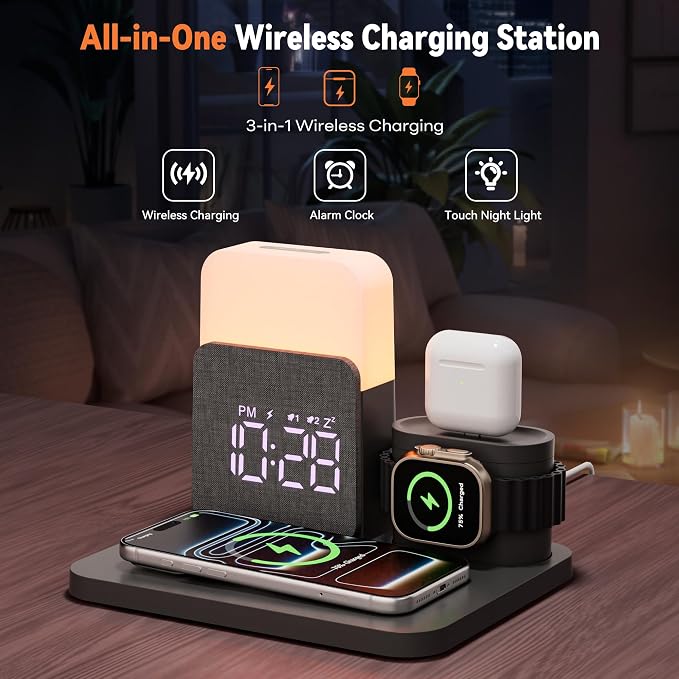 7 in 1 Wireless Charging Station, Magnetic 25W Fast Charger with Alarm Clock & Night Light, Bedside Charging Stand for iPhone 17 16 15 14 13 12 Pro Max, Apple Watch, AirPods, Bedroom