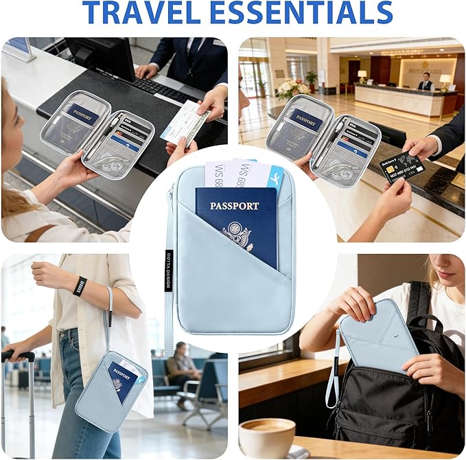 Veki Passport Holder for Travel Women Family, Passport Wallet Bag, RFID Travel Document Organizer, Waterproof Passport Holder for Men, Portable Case for Cards, Cash, Tickets, ID (Blue Gray, M)