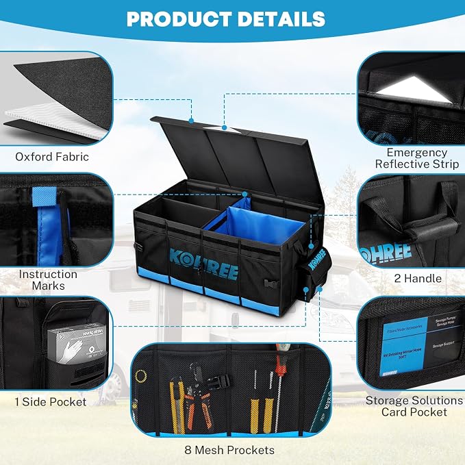 Kohree Car Trunk Organizer, 74L Large-Capacity Foldable RV Storage and Organization, Waterproof Rv Caddy Organizer for RV Accessories, RV Containers Holds RV Stabilization & Electric Accessories