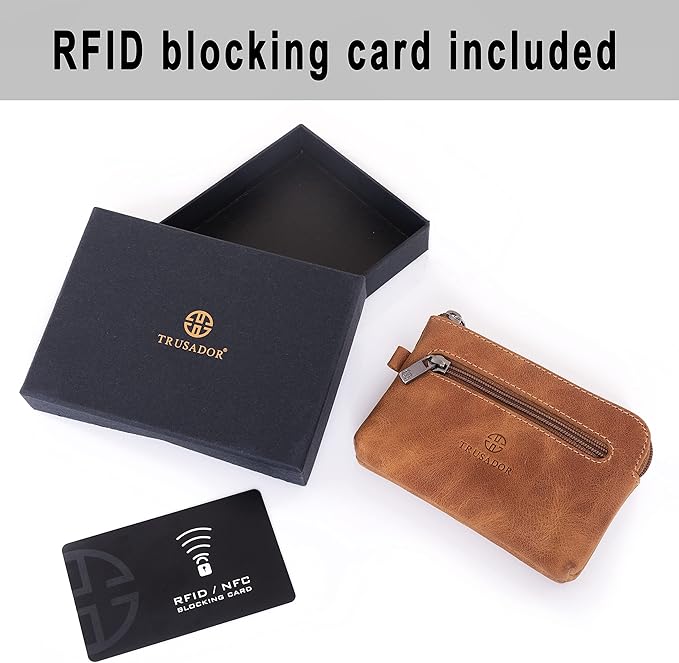 Trusador Milano Unisex Leather Front Pocket Wallet Coin Purse Zipper Pouch with Keychain (Cognac)
