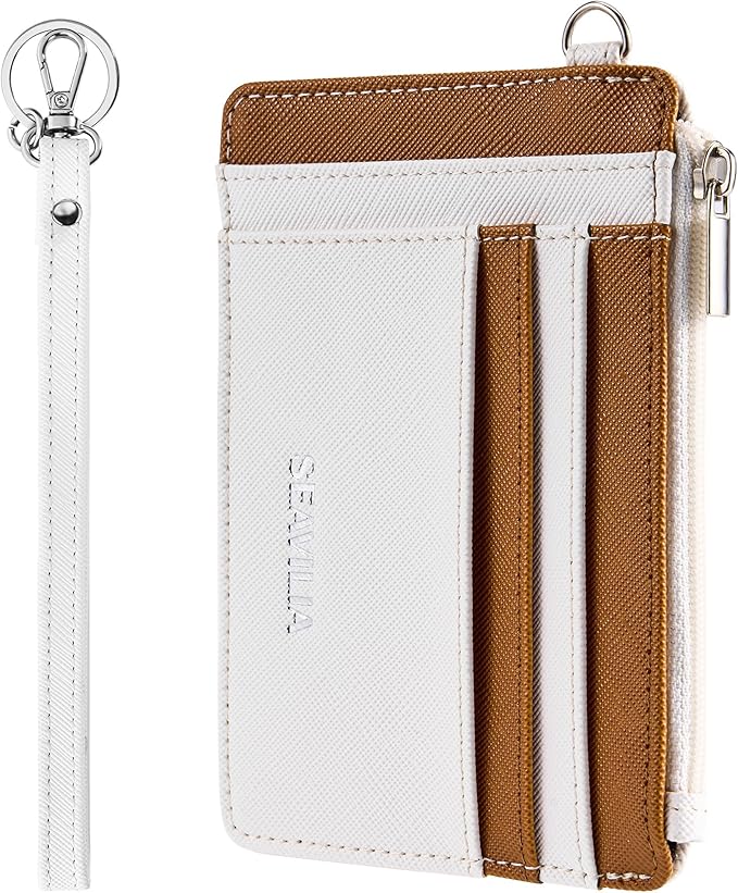 SEAVILIA Small Wallet for Women Slim Wristlet Keychain Wallets RFID Credit Card Holder With Zipper Pocket, ID Window (Beige＆Brown)