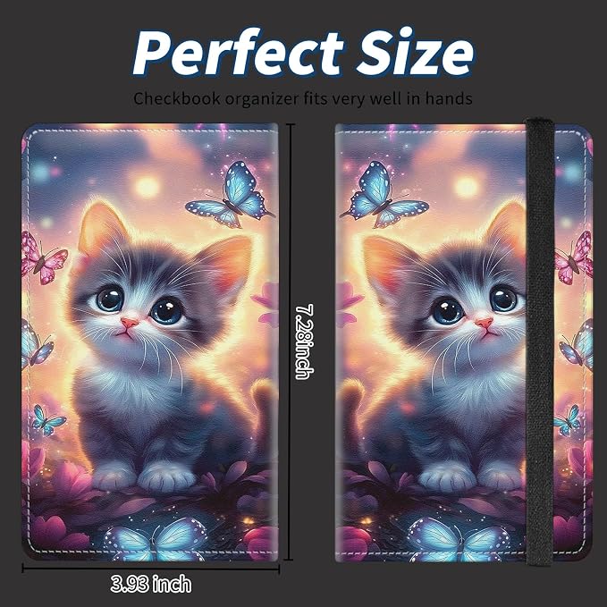 Check Book Cover for Personal Checkbook with Duplicate Checks for Women's & Men PU Leather Wallets Check Book Holder with Pen Card Slots Elastic Strap,Kitten And Butterfly