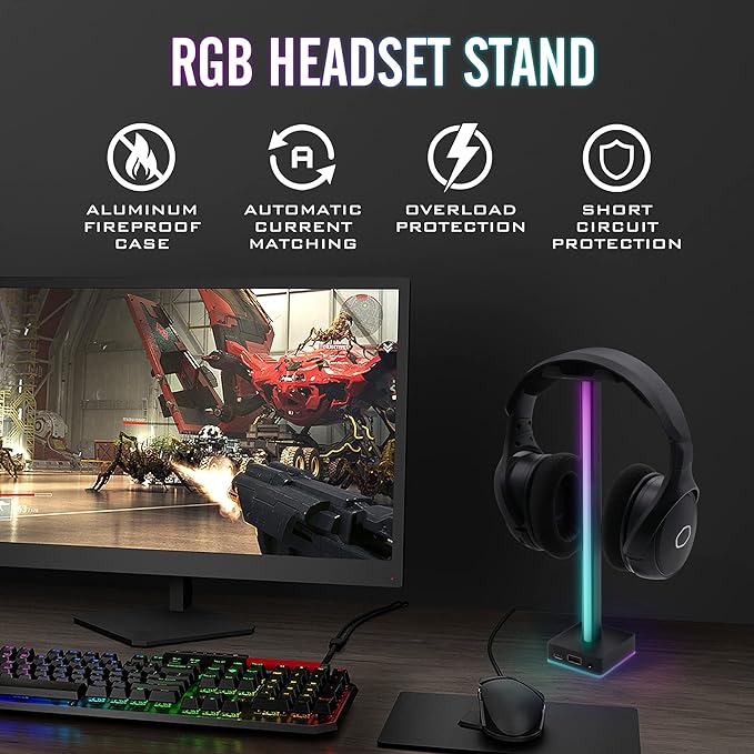 EZDIY-FAB USB LED Light Bar Headphones Stand, Desktop Atmosphere RGB Backlight,50 Built-in Color modes, Headphone Holder for Gamers Gaming PC Accessories Desk- Black- 1 Pack