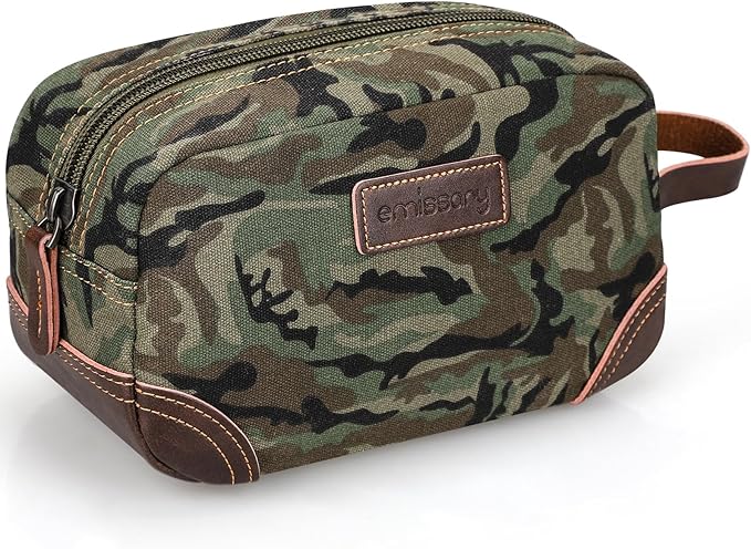 emissary Men's Canvas Travel Toiletry Bag, Leather Dopp Kit - Camo Green | Durable canvas & PU leather, water-resistant lining, side handle; roomy men's Dopp kit for travel & gym