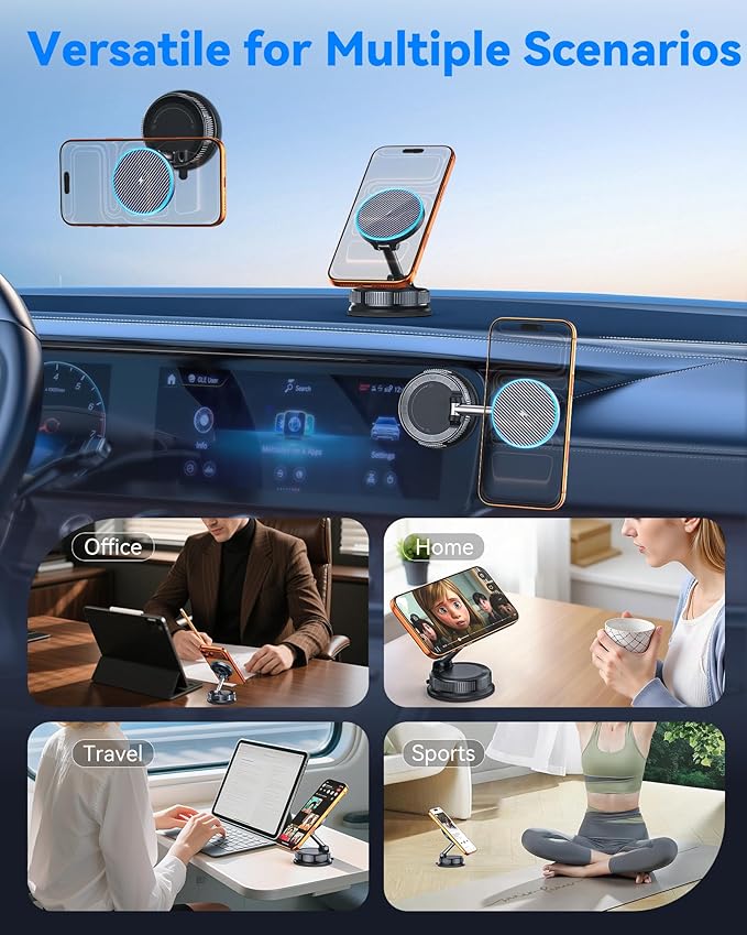 15W MagSafe Car Mount Charger, Magnetic Wireless Car Charger with Vacuum Suction Cup & Nano Adhesive Base, 360° Rotatable Strong Hold Car Phone Mount for iPhone 17 16 15 14 13 12 Series, Samsung S26