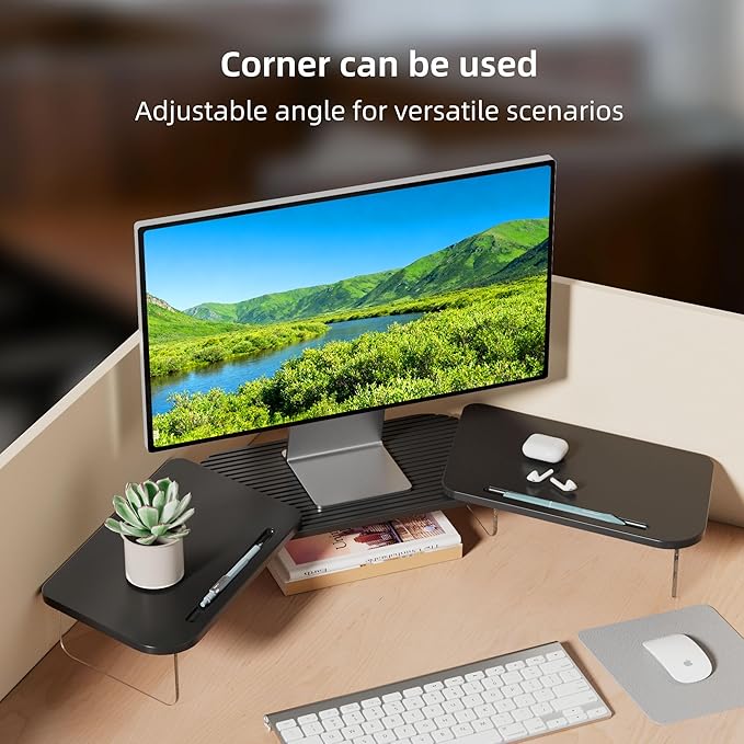 AFOOYO LED Dual Monitor Stand Riser for 2 Monitors,Office Desktop Wooden Stand Adjustable Length and Angle 3 Shelf,Extra Long Multifunctional Stand up to 39.3" for Computer,Laptop,TV,Black