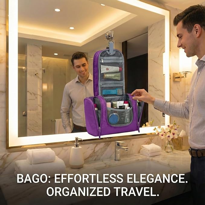 Bago Travel Toiletry Bag for Women and Men X-Large Waterproof Hanging Large Toiletry Bag for Bathroom and Travel Bag for Toiletries Organizer -Travel Makeup Bag (Purple)