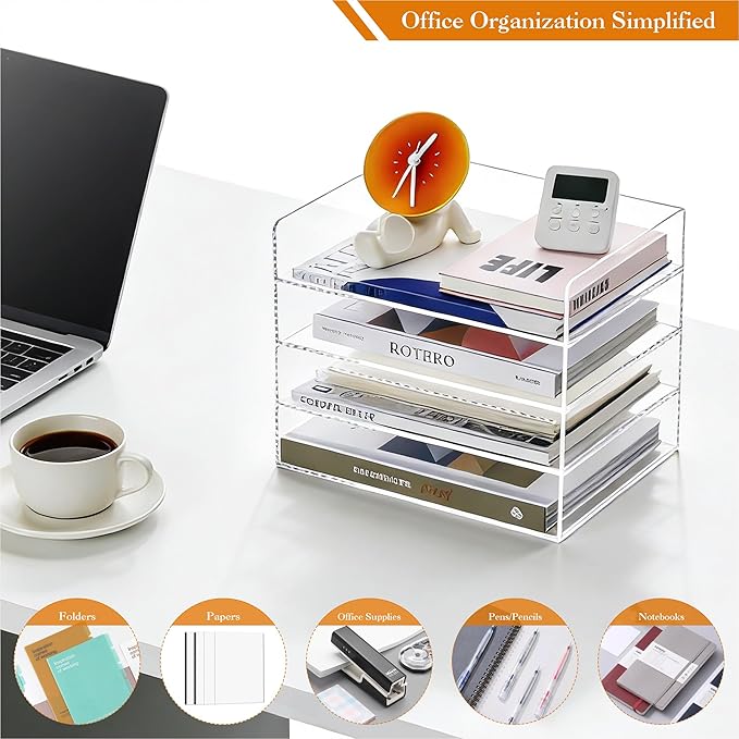 HeZone 4 Tier Paper Organizer for Desk,Acrylic Paper Tray,Clear Stackable Desk Organizer for Document, Office File,A4 Paper
