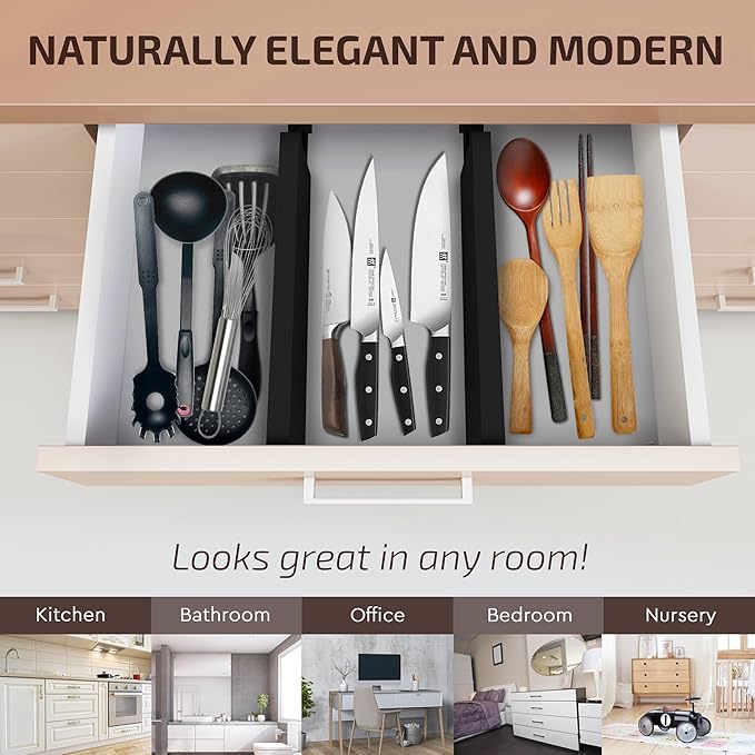 6 Pack Bamboo Drawer Dividers - 17" to 21.5" Expandable Adjustable Drawer Organizer for Kitchen Utensils, Large Drawer Divider, Clothes, Dresser, Bedroom, Bathroom, Desk Drawer Separator Set (Black)