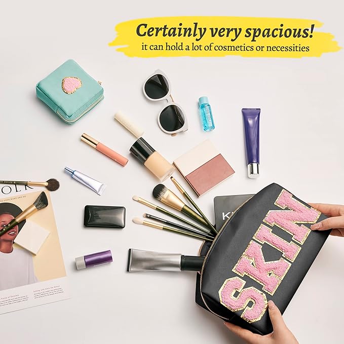 Preppy Patch Skin Makeup Bag for Travel, 2 PCS Chenille Letter Cosmetic Sunscreen Bag, PU Waterproof Beach Bag Pouch Organizer,Gift for Women Girls