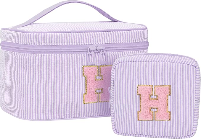MONSTINA Travel Makeup Bag for Women,Make Up Pouch for Girlfriend Bridesmaid Wife,Birthday Gift for Her Cute Monogram Cute Initial Toiletry Bag Set,2PCS Purple H