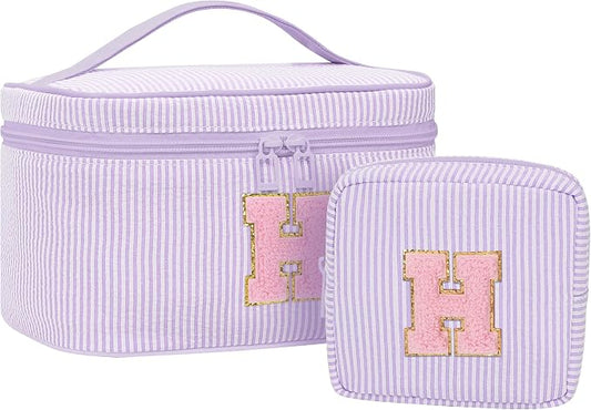MONSTINA Travel Makeup Bag for Women,Make Up Pouch for Girlfriend Bridesmaid Wife,Birthday Gift for Her Cute Monogram Cute Initial Toiletry Bag Set,2PCS Purple H
