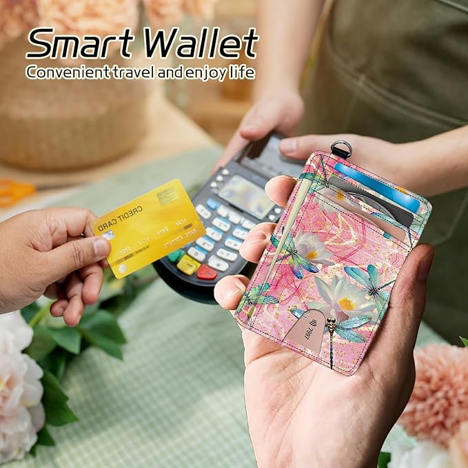 Small Travel Wallets, Pink Dragonfly Slim Minimalist Front Pocket Wallet with Wristlet, RFID Blocking PU Leather Credit Card Holder with ID Window Change Purse for Men Women