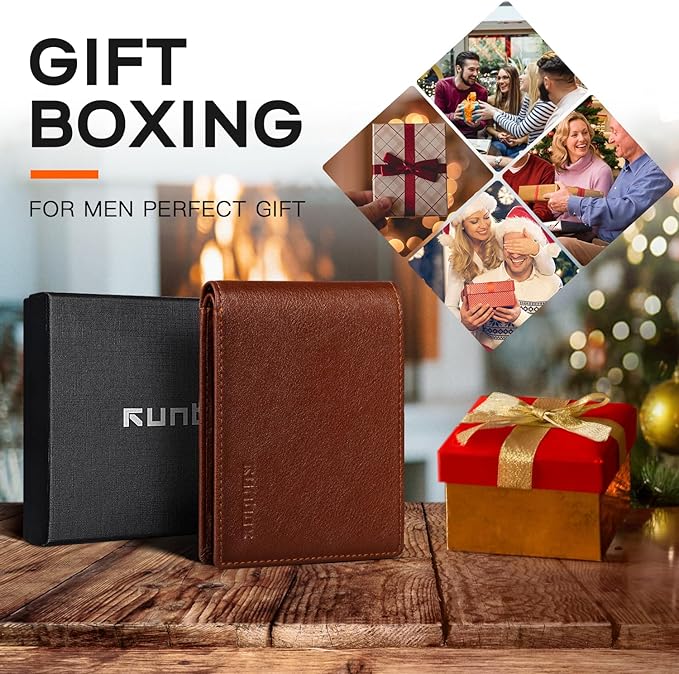 RUNBOX Wallet for Men Slim Leather Bifold RFID Blocking Minimalist Front Pocket Design with Gift Box