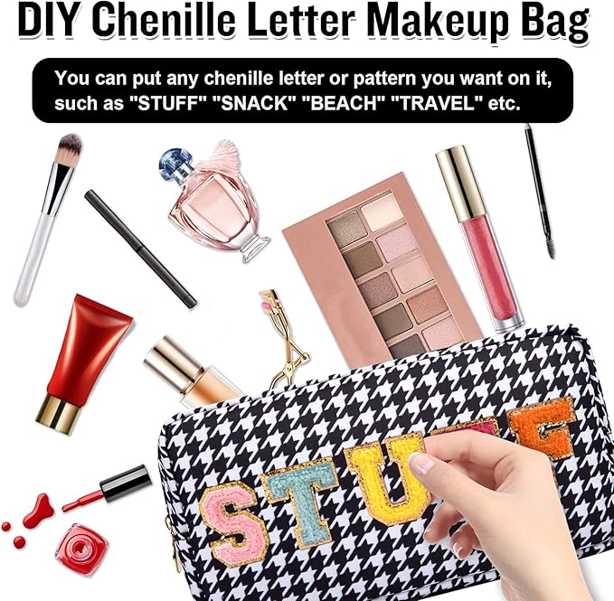 Nylon Small Makeup Bag for Purse, Cute Makeup Pouch Bag Preppy Cosmetic Zipper Pouch Purse, Portable Travel Toiletry Bag Clutch Makeup Brush Bag Organizer Storage for Ladies Girls(Black Houndstooth)