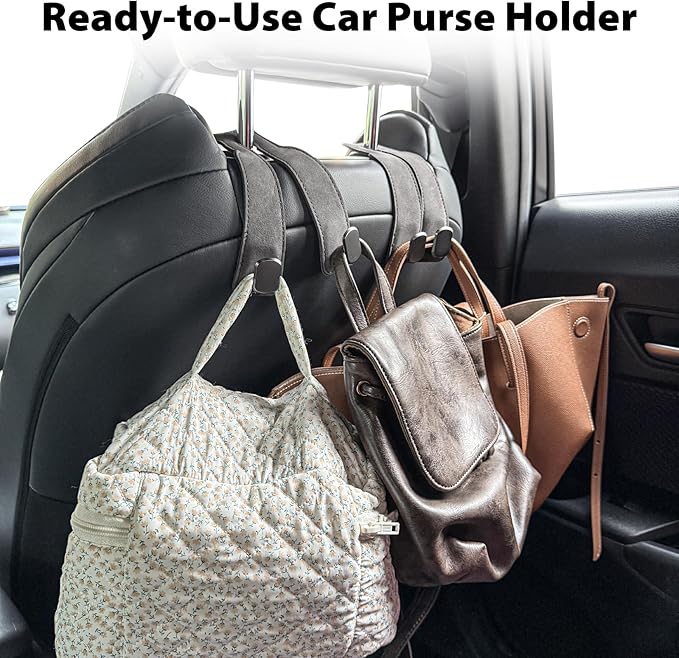 Travel Depot Headrest Hooks for Car, Purse Hook for Car, Premium Leather Twin Hook Car Seat Hooks, Double Hook Seat Back Storage Organizer for Purses, Bags, SUV, Truck, Vehicle, 2 Pack, Grey