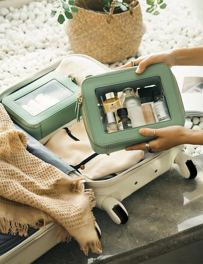 Popvibe Clear Makeup Bag Travel Cosmetic Case Transparent Toiletry Bag with Zipper, Portable Make Up Organizer Traveling Compact Car Bag for Essentials, Sage Green, Large
