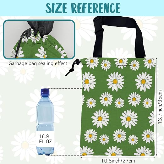 Car Trash Bag Green Daisy Flowers Spring Hanging Drawstring Car Organizer and Storage Bag with Adjustable Buckle Canvas Garbage Bin for Back Seat or Hanging Headrest Car Decor Road Trip Essentials