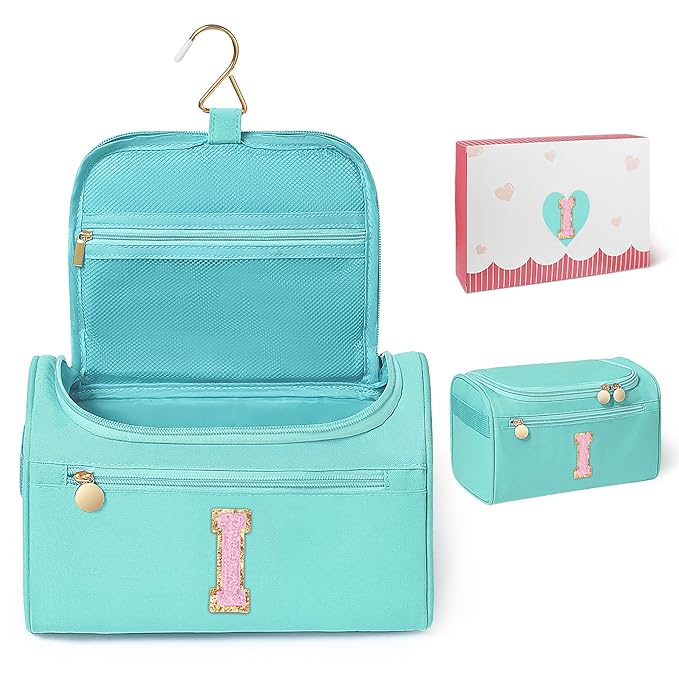COSHAYSOO Initial Girls Hanging Travel Toiletry Bag Skincare Toiletries Bags Teen Girl Trip Gifts Favors, Summer Fall Camp Essentials for Teenage Sleepaway Sleepover Teal Letter I