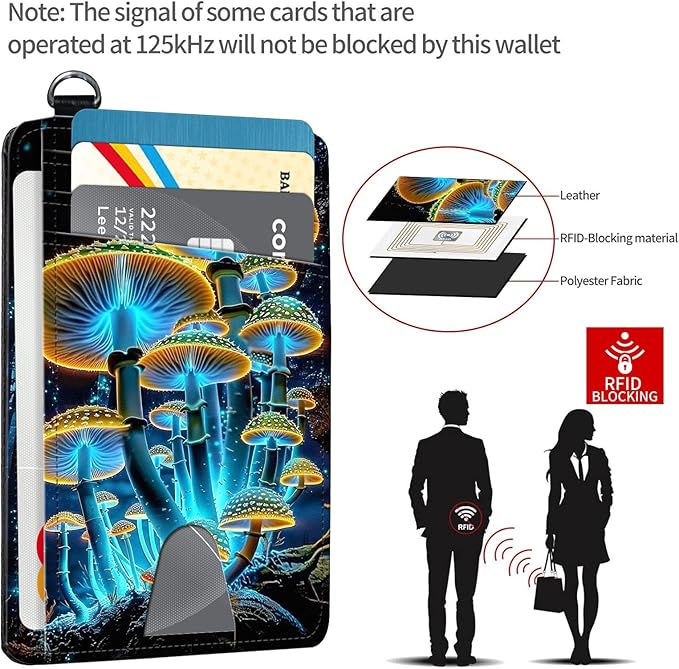 Slim RFID Blocking Card Holder Wallet with Wrist Strap - Minimalist Front Pocket Wallet, Luminous Mushroom Design, PU Leathe, for Men & Women, Ideal for Travel & Gifts