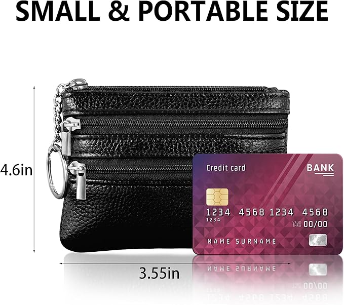 Chelmon 2 Pack Coin Purse Pouch Change Card Holder Small Wallet with Keychain for Women and Men (Black & Black)