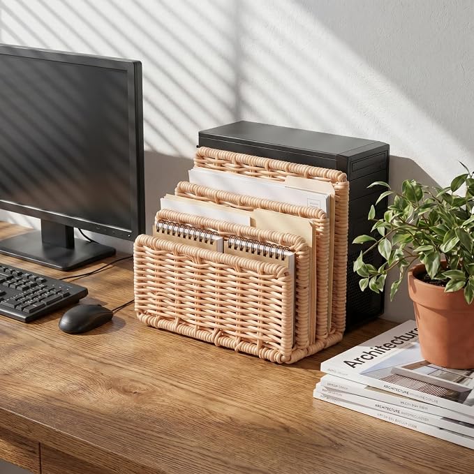Small Rattan Mail Organizer for Desk Mail Holder Countertop with 3 Slot Rattan Letter Sorter File Holder Envelope Book Stand Farmhouse Office Desk Organizer and Storage Accessories