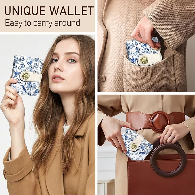 Kelvoris Bird Small Rfid Women Wallet Bifold Zipper Coin Pocket PU Leather Compact Cash Credit Card Holder Travel Wallet for Female Ladies Teen Girls 1 ID Window 10 Card Slots