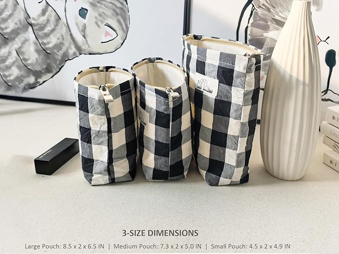 HAPPYHEIDI Cotton Black White Checker Makeup Bag Set 3 with Compartment Cosmetic Toiletry Travel Pouch,Purse Accessory Organizer, 3-Size, Canvas Lined