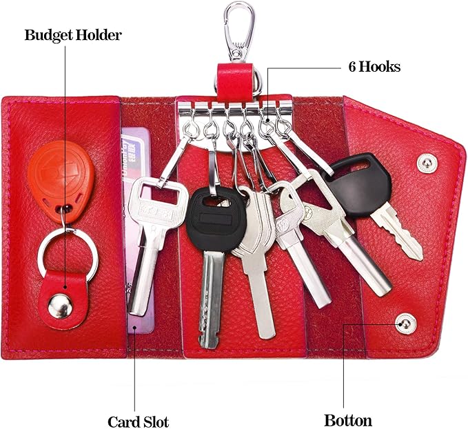 BAKUN Compact Leather Car Key Case, Key Holder Key Organizer Wallet, With 6 Hooks(Red)