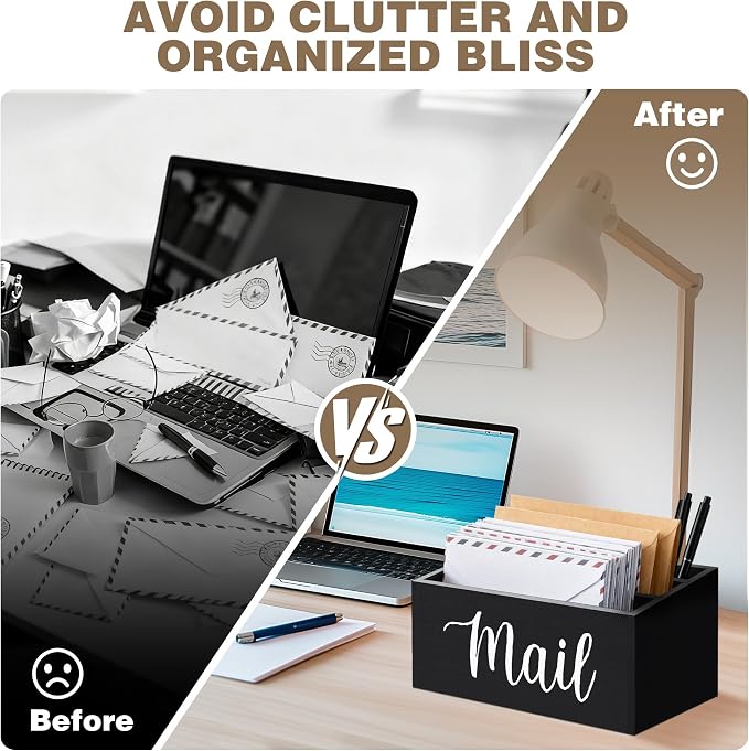 Mail Holder Countertop with 3-Slot, Mail Organizer for Desk with Removable Divider, Desktop Mail Basket Sorter Organizer, File Paper Letter Envelope Bill Holder for Office Home Entryway (Black)