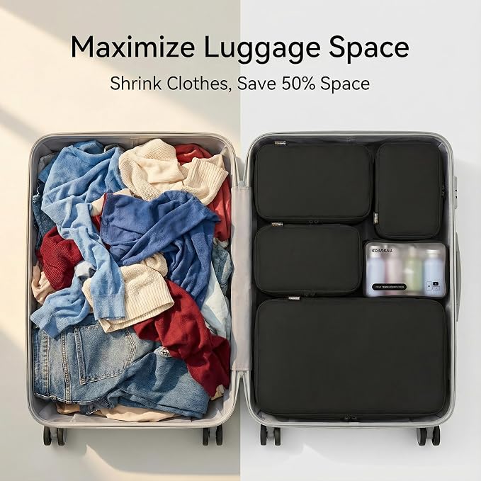 6 Set Compression Packing Cubes for 7–14 Day Travel, Jet Black | Nylon Oxford Fabric, Full Breathable Mesh, Reinforced Double-Zipper, Small to Large Size Bag, Expandable Packing System