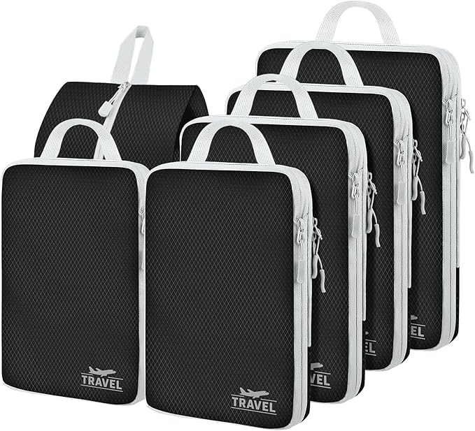 6 Set Compression Packing Cubes, Suitcase Organizer, Lightweight Travel Essentials, Compression Bags For Travel Accessories Luggage Storage Set (6Pcs, Black)