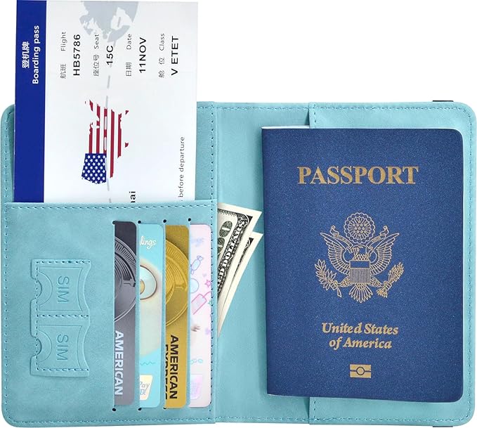 Passport Holder, Passport Cover with Credit Card Slot and Boarding Pass Slot Combo, Passport Wallet Case Book Travel Must Have, RFID Blocking Leather Travel Accessories, Sky Blue