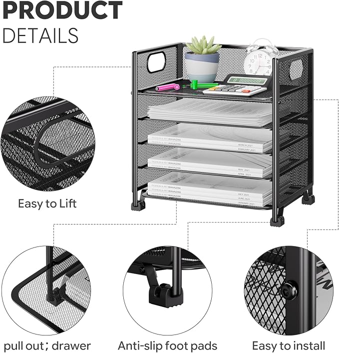 Simple Trending 5-Tier Letter Tray Organizer, Metal Mesh File Holder, Black | 5-Tier Large Capacity Paper Organizer | Metal Mesh | Non-Slip Feet | Tool-Free Assembly | 24H Support | Black for Office