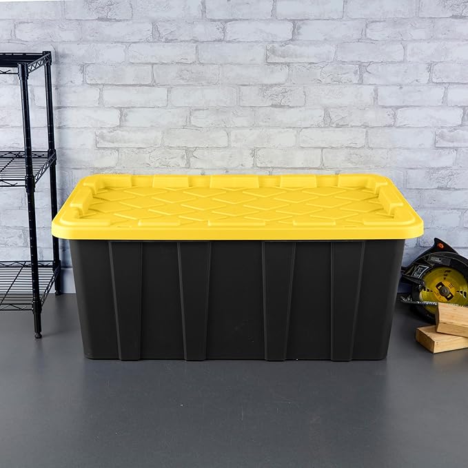 Sterilite 38 Gal Industrial Tote, Stackable Storage Bin with Snap-Fit Lid for Garage, Basement & Attic Storage, Black Base and Yellow Lily Lid, 4-Pack